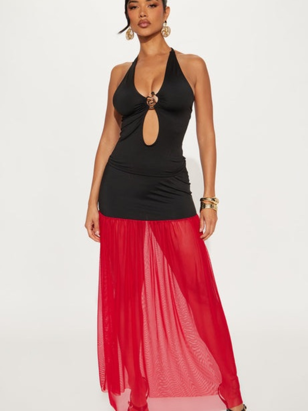 Black Halter Top with Red Sheer Maxi Skirt Fashion Nova Mini Skirt and Top Set